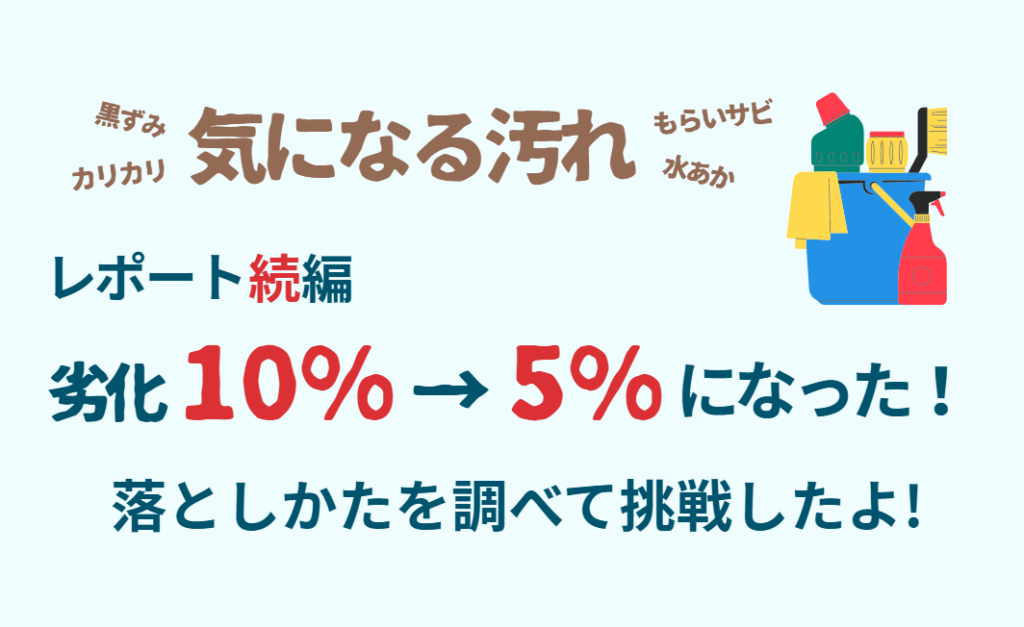 レポート続編　劣化10％→5％になった！気になる汚れ、落とし方を調べて挑戦したよ！